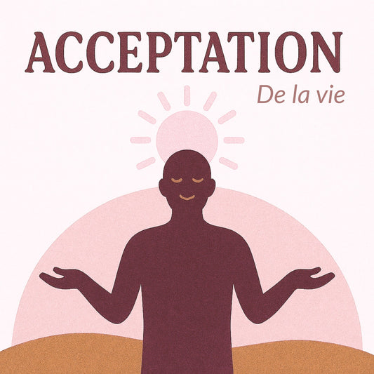 Illustration symbolique de l’acceptation de la vie, représentant une silhouette sereine en posture ouverte sous un soleil doré, dans une ambiance naturelle aux tons beige, vert profond et rose quartz, évoquant la paix intérieure et la pleine acceptation.