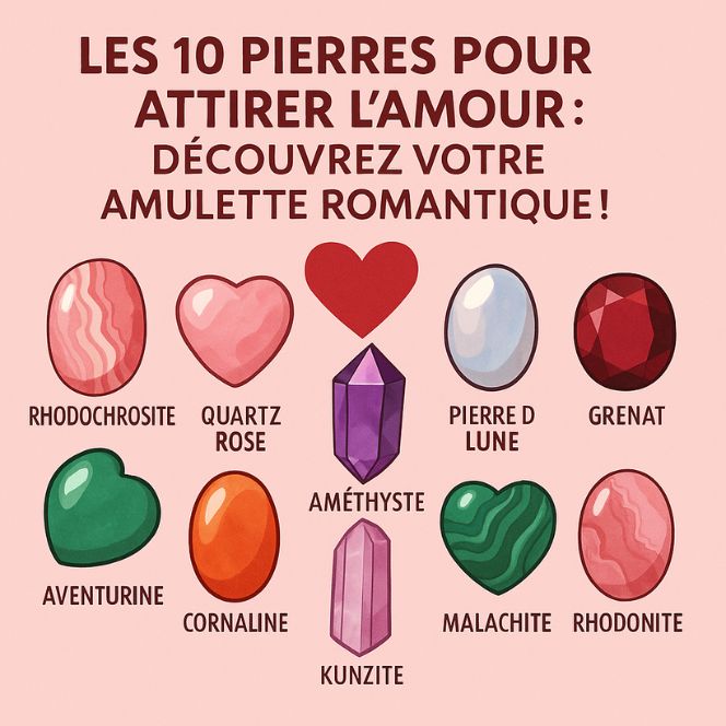 Illustration des 10 pierres pour attirer l’amour : rhodochrosite, quartz rose, pierre de lune, grenat, aventurine, cornaline, améthyste, kunzite, malachite et rhodonite – symboles d’amour, tendresse et harmonie du cœur, collection Amour & Relations HOKEE