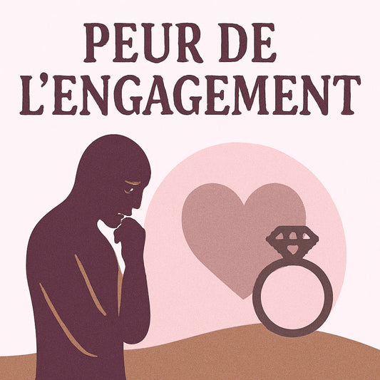 Illustration symbolique de la peur de l’engagement amoureux, représentant une silhouette pensive face à un cœur et une bague de fiançailles, dans des tons naturels (vert profond, beige, rose quartz), exprimant les doutes et l’hésitation affective.