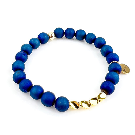Bracelet ISIS Bleu en agate teintée 8 mm avec détails dorés
