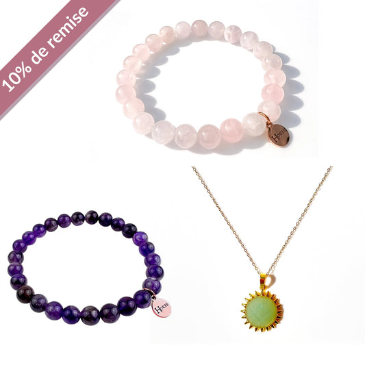 Set “DOUCE MAMAN” Rose Gold – Quartz Rose, Aventurine Verte & Améthyste Hokee Minéraux