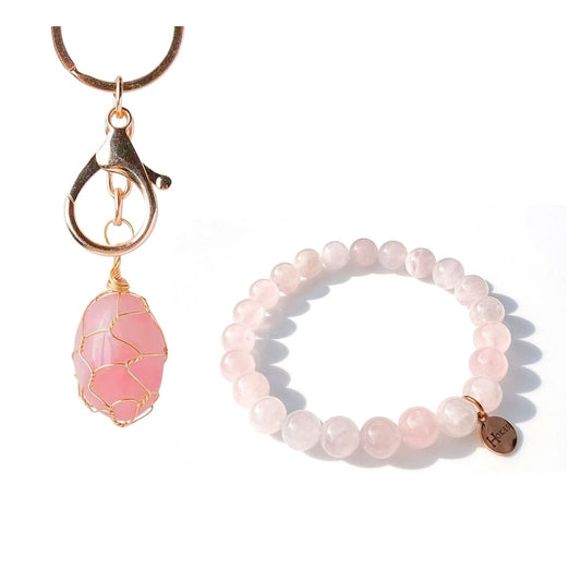 Coffret avec bracelet et porte-clés en quartz rose