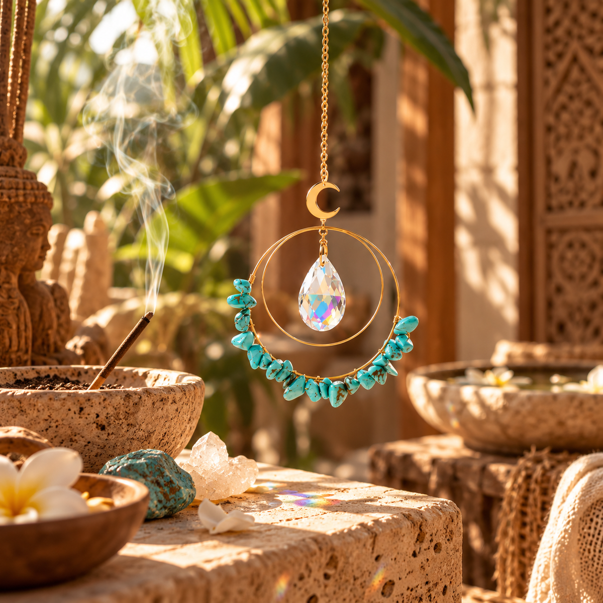 Attrape-soleil turquoise et encens, ambiance rituel Bali et décoration minérale HOKEE