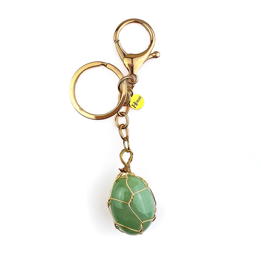 Porte-clés en aventurine verte naturelle avec finition dorée – Hokee Minéraux