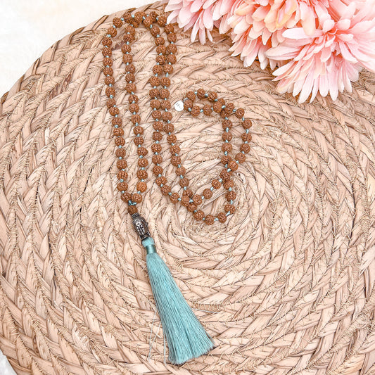Mala Bouddha de 108 perles de type Bodhi avec pompon turquoise