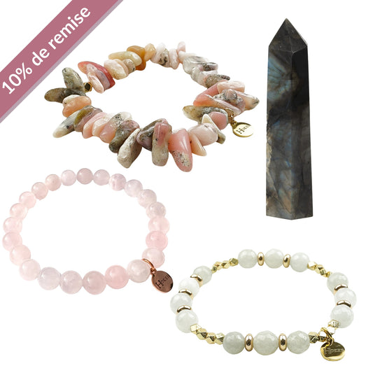 Set “COEUR DE REINE” Rose Gold – Obsidienne, Rhodonite, Quartz Rose & Pierre de Lune Hokee Minéraux