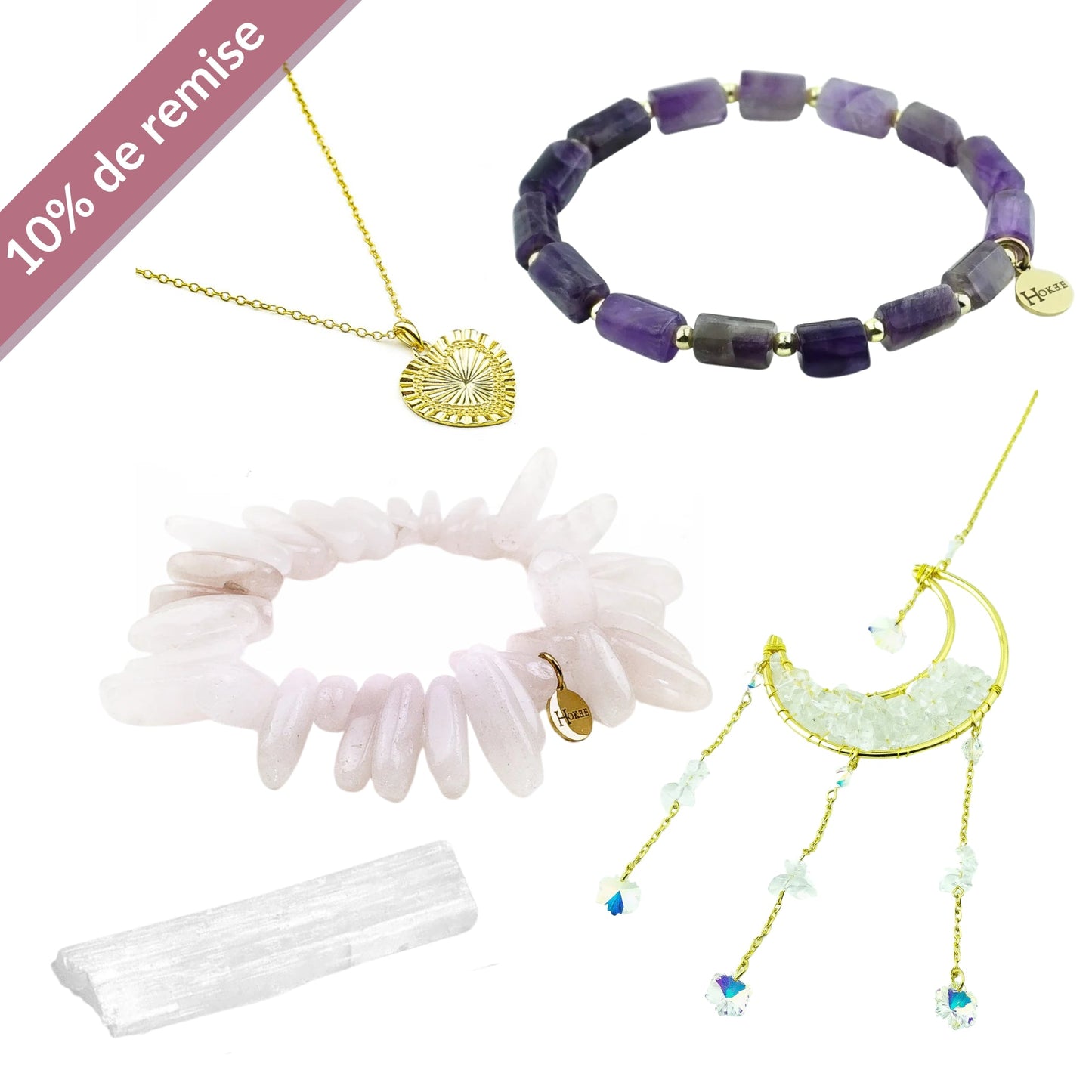 Set “AMOUR ÉTERNEL” – Améthyste, Quartz Rose, Sélénite & Cristal de Roche Hokee Minéraux