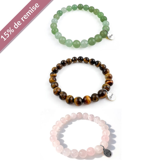 Set ÉCLOSION Silver – Œil de Tigre, Quartz Rose & Aventurine Verte Hokee Minéraux