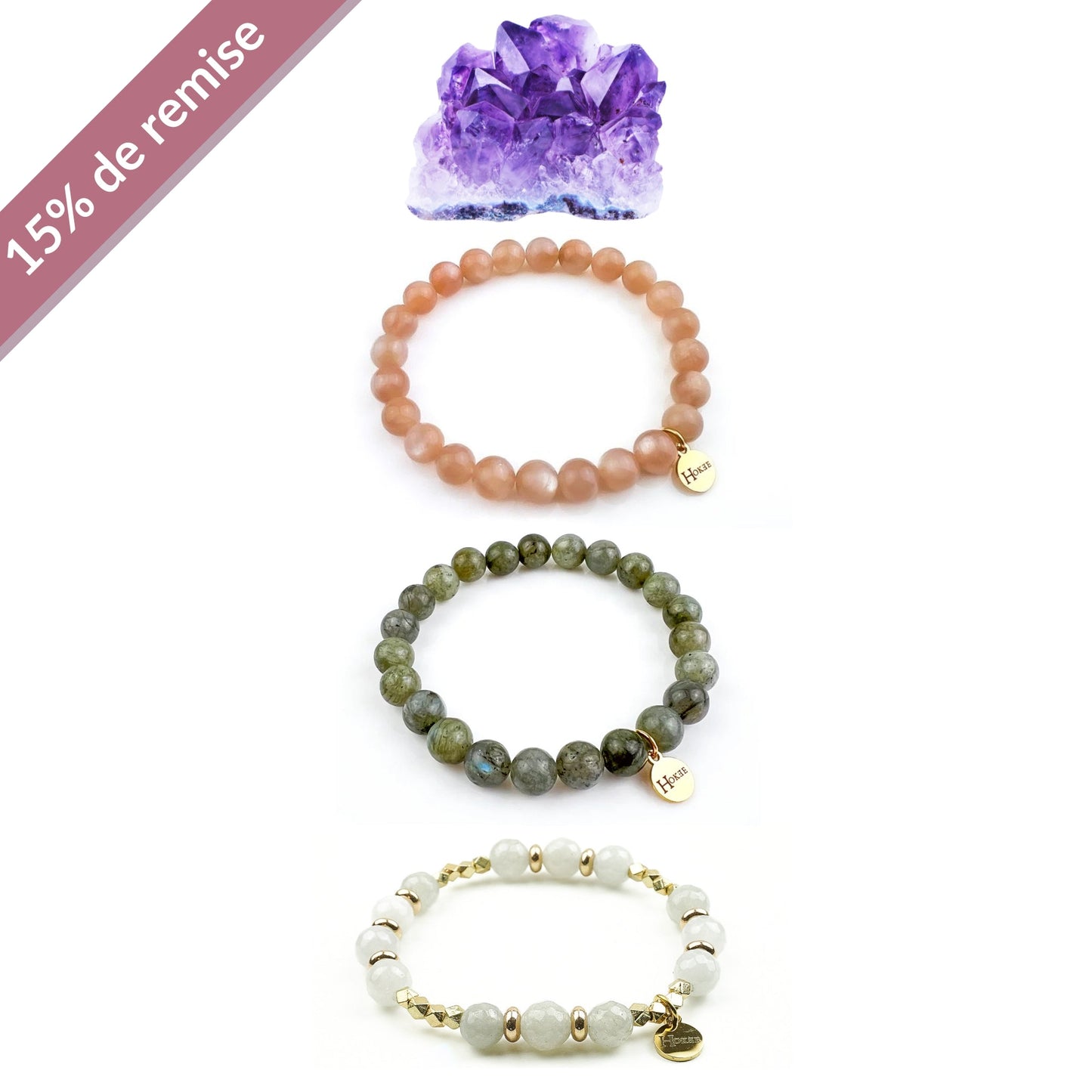 Set RÉSURRECTION Gold – Pierre de Soleil, Pierre de Lune, Améthyste & Labradorite Hokee Minéraux