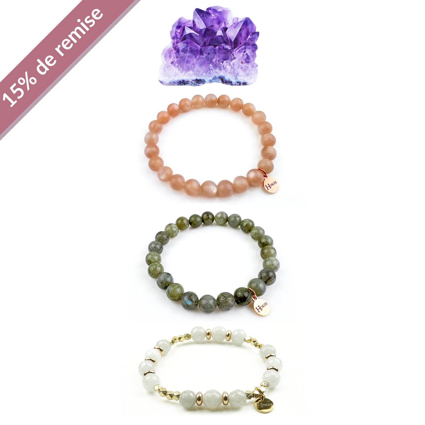 Set RÉSURRECTION Rose Gold – Pierre de Soleil, Pierre de Lune, Améthyste & Labradorite Hokee Minéraux