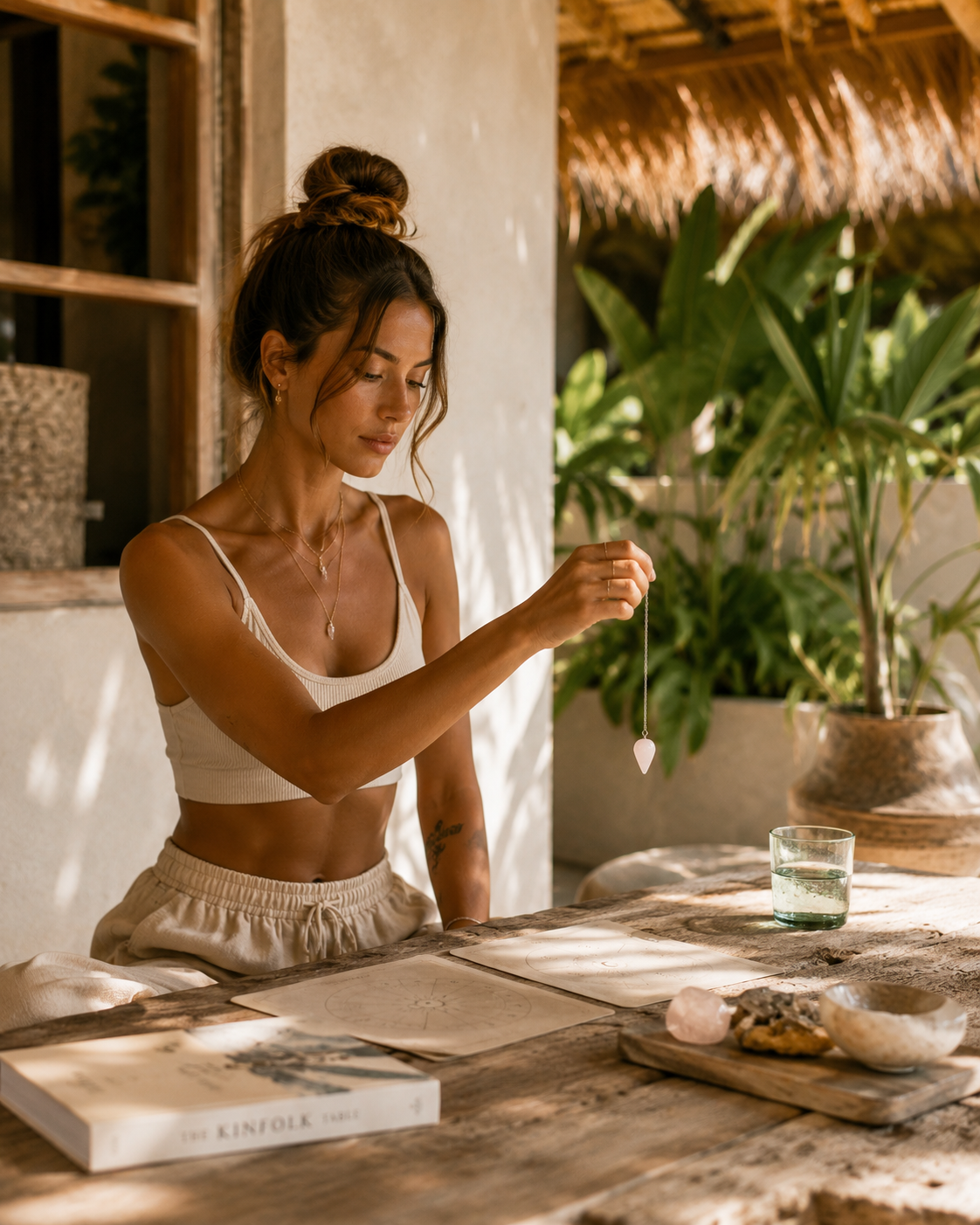 Clean girl wellness utilisant le pendule GOYA en quartz rose à Bali
