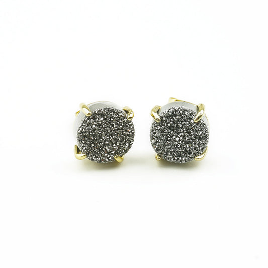Boucles d’oreilles ALICE Gris en druzes d’agate et finition dorée – Hokee Minéraux