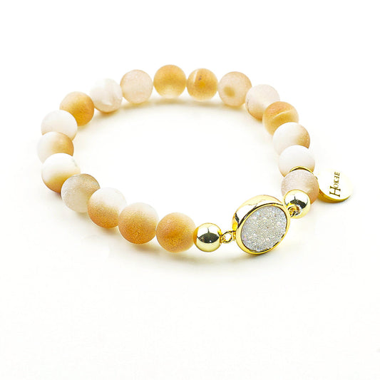 Bracelet HOLLY Beige en agate naturelle 8 mm avec druze centrale