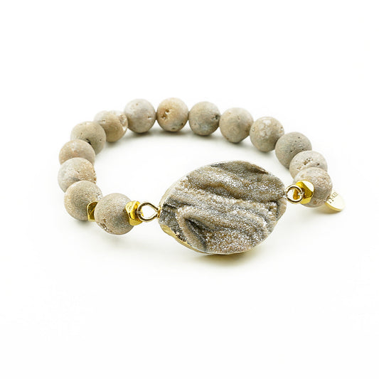 Bracelet JOSIE Beige en agate naturelle 10 mm avec druze centrale