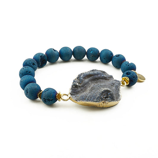 Bracelet JOSIE Bleu en agate teintée 10 mm avec druze centrale