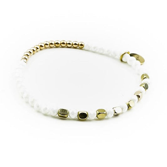 Bracelet PEURLE Blanc en perles de verre et hématite – Hokee Minéraux