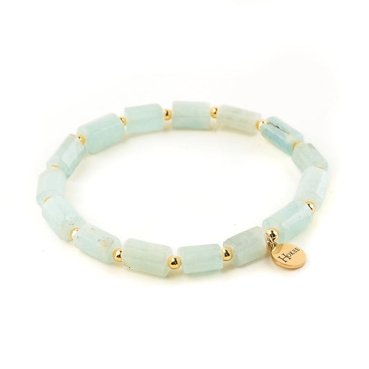 Bracelet SUMER en aigue-marine naturelle avec perle tube et finition dorée