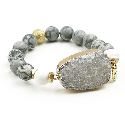 Bracelet CLÉMENCE en jaspe Picasso 10 mm avec druze d’agate