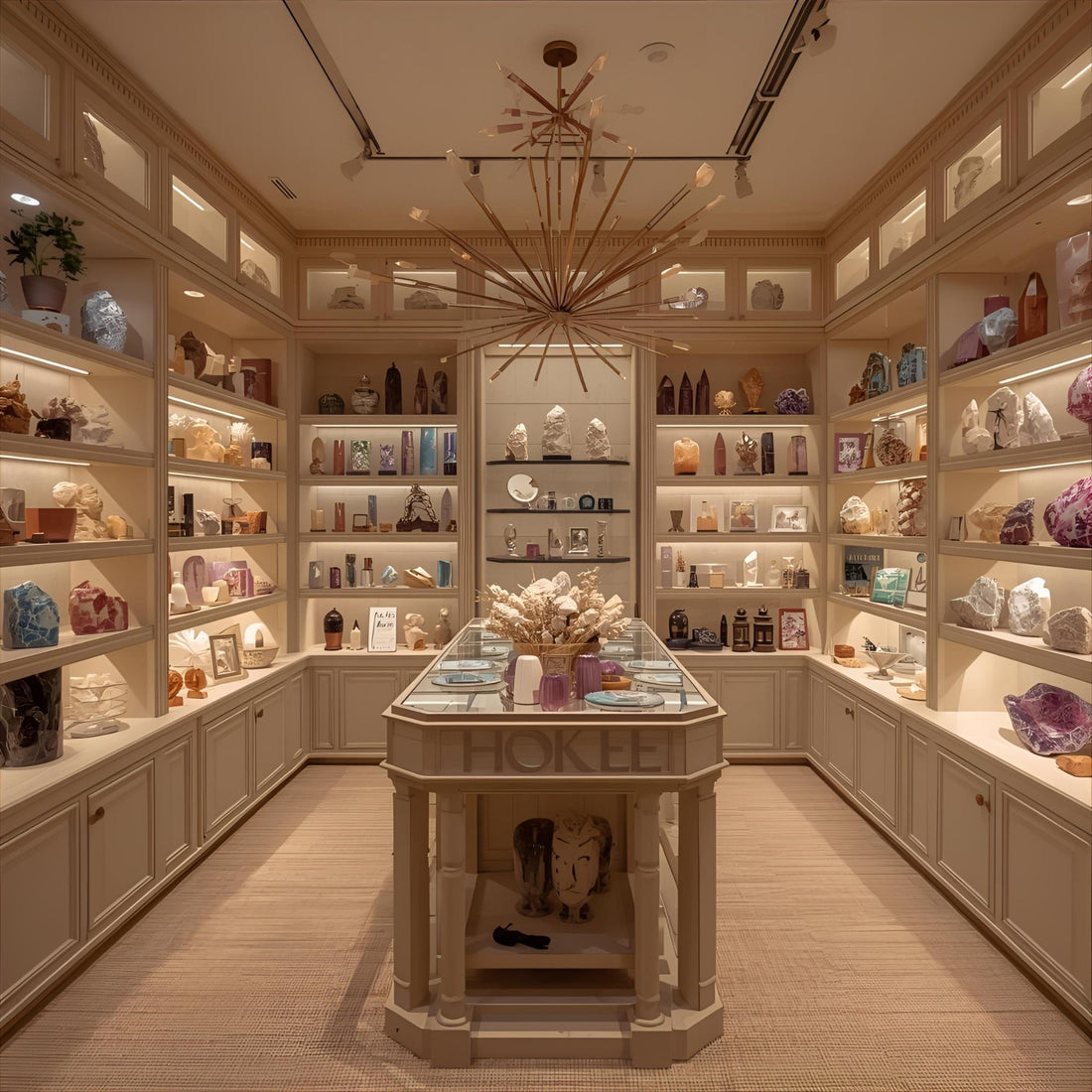Pierres naturelles, minéraux et cristaux exposés dans une boutique de lithothérapie, 2025.