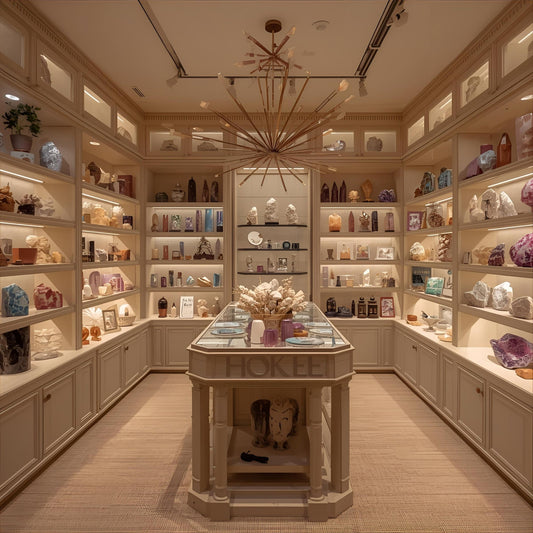 Pierres naturelles, minéraux et cristaux exposés dans une boutique de lithothérapie, 2025.