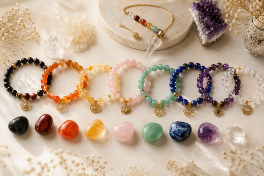 Bijoux et pierres naturelles colorées associés aux sept chakras