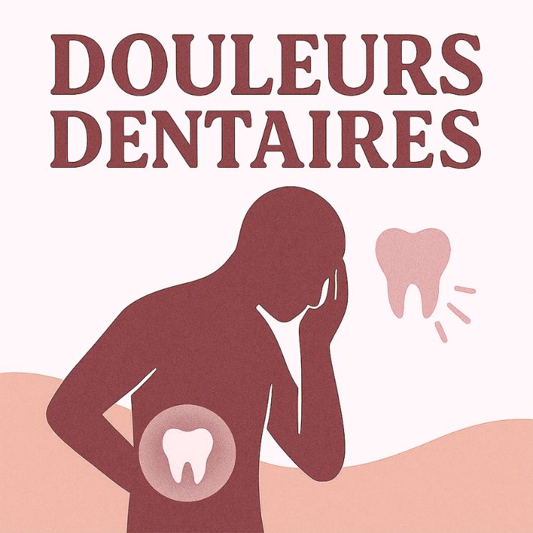 Illustration carrée sur les douleurs dentaires, représentant une silhouette en vert foncé tenant sa joue en signe de douleur, accompagnée d’un symbole de dent rose quartz et de collines vertes sur fond beige minéral, dans un style épuré et harmonieux.