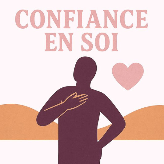 Illustration carrée sur la confiance en soi, montrant une silhouette droite posant la main sur sa poitrine, symbole d’assurance et d’équilibre intérieur, avec un cœur rose quartz sur fond beige et vert minéral, dans un style doux et harmonieux.