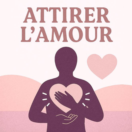 Illustration carrée représentant le thème “Attirer l’Amour”, avec une silhouette tenant un grand cœur rose quartz sur fond beige et vert minéral, symbolisant l’ouverture du cœur, l’énergie d’amour et la douceur spirituelle.