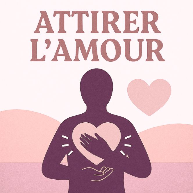 Illustration carrée représentant le thème “Attirer l’Amour”, avec une silhouette tenant un grand cœur rose quartz sur fond beige et vert minéral, symbolisant l’ouverture du cœur, l’énergie d’amour et la douceur spirituelle.