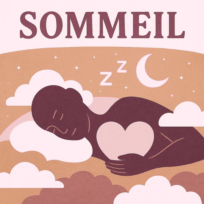 Illustration carrée sur le thème du sommeil, représentant une silhouette endormie sous une lune et des étoiles, dans une palette apaisante de vert jade, beige minéral et rose quartz, symbolisant la détente, la sérénité et le repos réparateur.