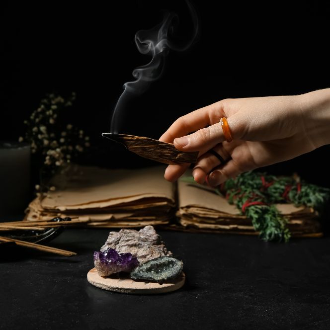 Main réalisant un rituel de purification de pierres naturelles avec de la fumée au-dessus d’un livre ancien