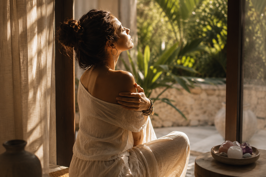 Femme dans une ambiance solaire et apaisante illustrant l’acceptation et le lâcher-prise