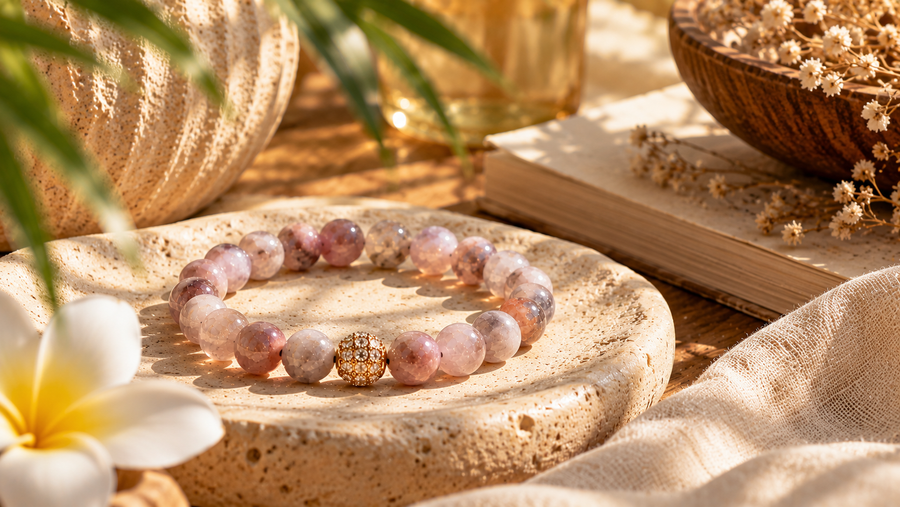 Bracelet aux nuances lilas et roses en ambiance solaire et naturelle HOKEE, illustration du guide d'authenticité