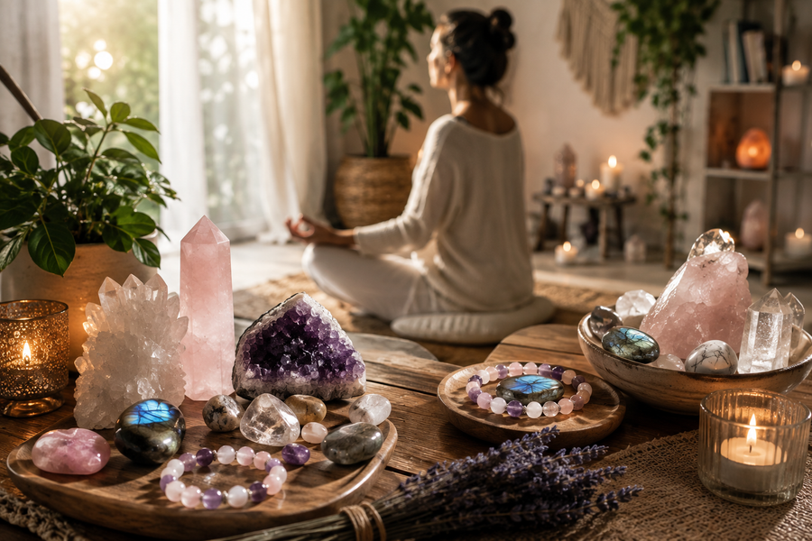 Pratique de la lithothérapie avec pierres naturelles et méditation dans un espace zen