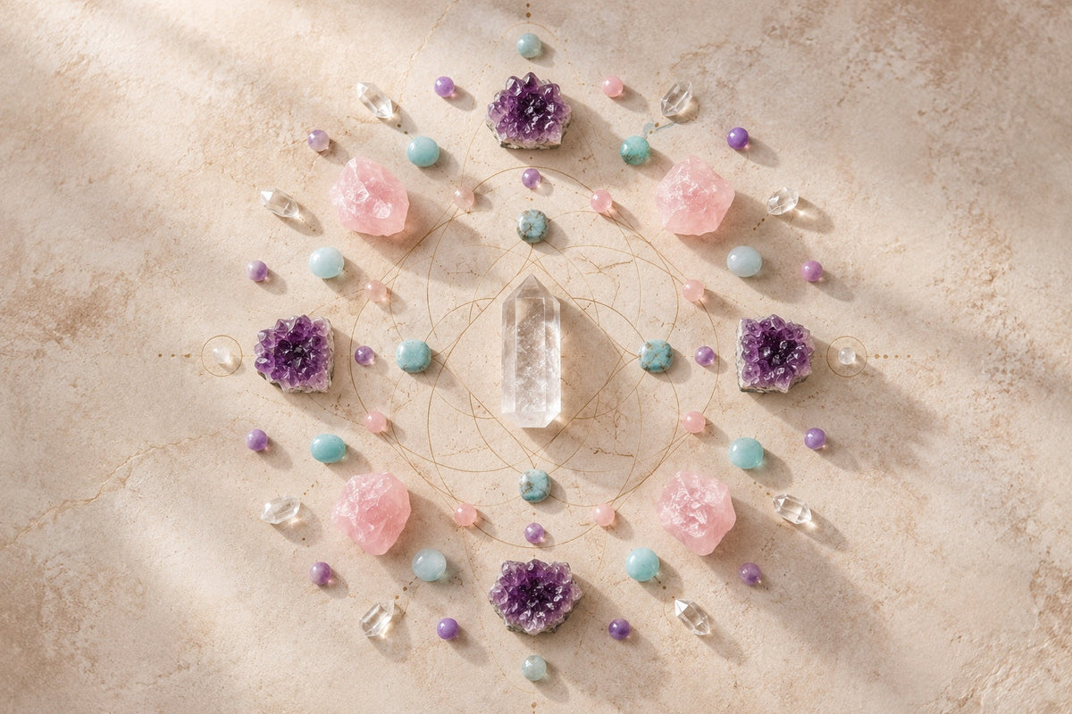 Mandala de géométrie sacrée composé d’améthystes, quartz roses, amazonites et cristal de roche