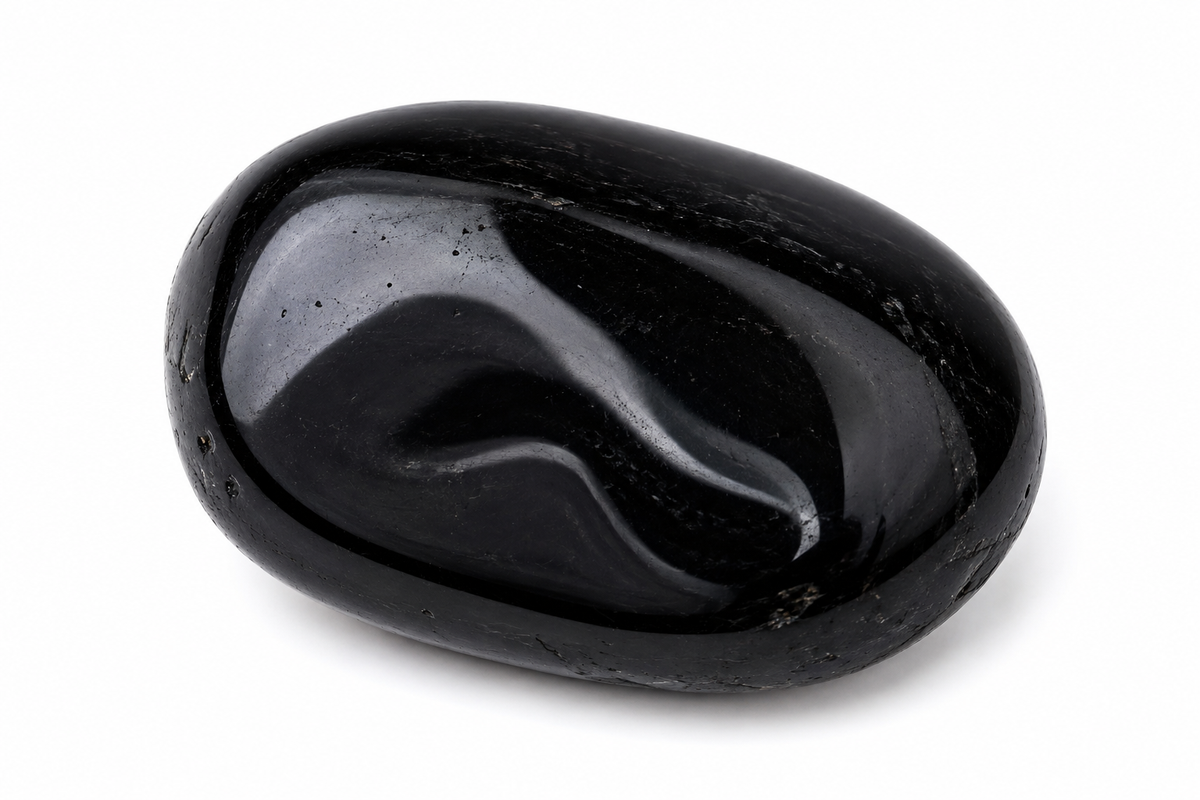 Obsidienne noire polie sur fond blanc