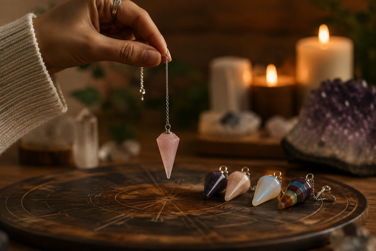 Pendule divinatoire en quartz rose tenu au-dessus d’un support de radiesthésie, ambiance minérale HOKEE