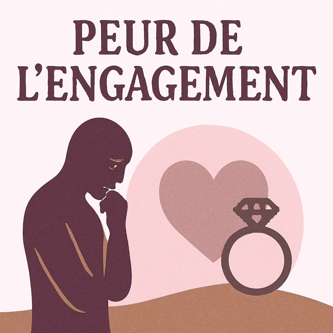 Illustration symbolique de la peur de l’engagement amoureux, représentant une silhouette pensive face à un cœur et une bague de fiançailles, dans des tons naturels (vert profond, beige, rose quartz), exprimant les doutes et l’hésitation affective.