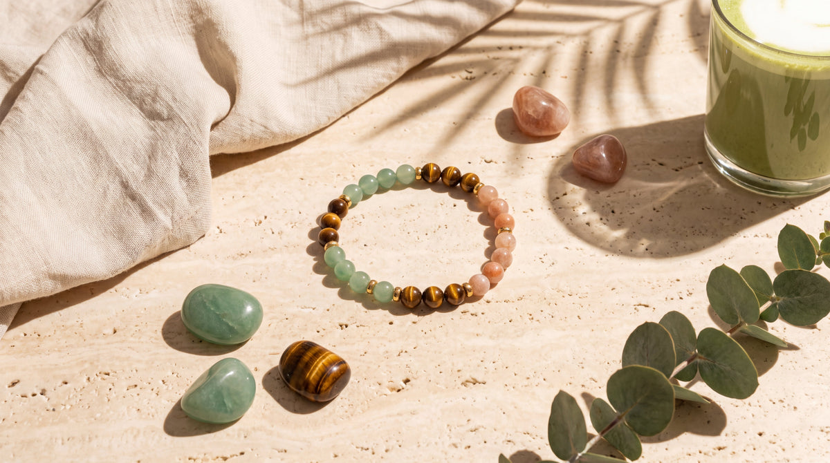 Pierres d’abondance HOKEE : aventurine verte, œil de tigre et pierre de soleil