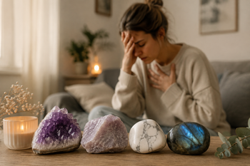 Améthyste, lépidolite, howlite et labradorite associées aux périodes d’angoisse, avec une personne anxieuse en arrière-plan