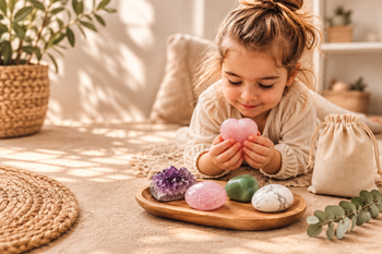 Enfant tenant un cœur en quartz rose entouré d’améthyste, howlite et pierres naturelles dans une ambiance douce et rassurante