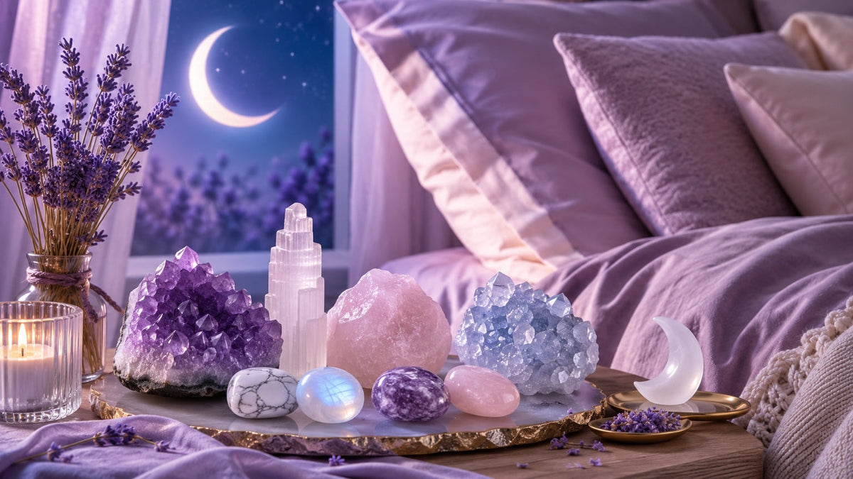 Pierres naturelles pour le sommeil disposées dans une chambre aux tons violets avec améthyste, sélénite, quartz rose et pierre de lune