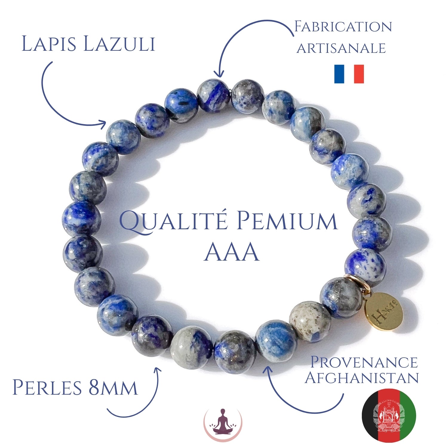 Bracelet en lapis-lazuli de qualité premium AAA, composé de perles naturelles de 8 mm, fabriqué artisanalement en France, avec des pierres provenant d’Afghanistan, symbole de sagesse et de confiance intérieure.