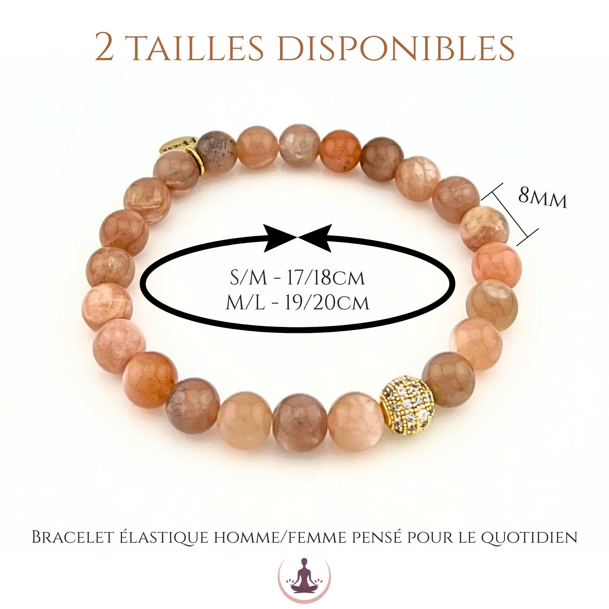 Bracelet pierre de soleil naturelle 8 mm deux tailles S M M L