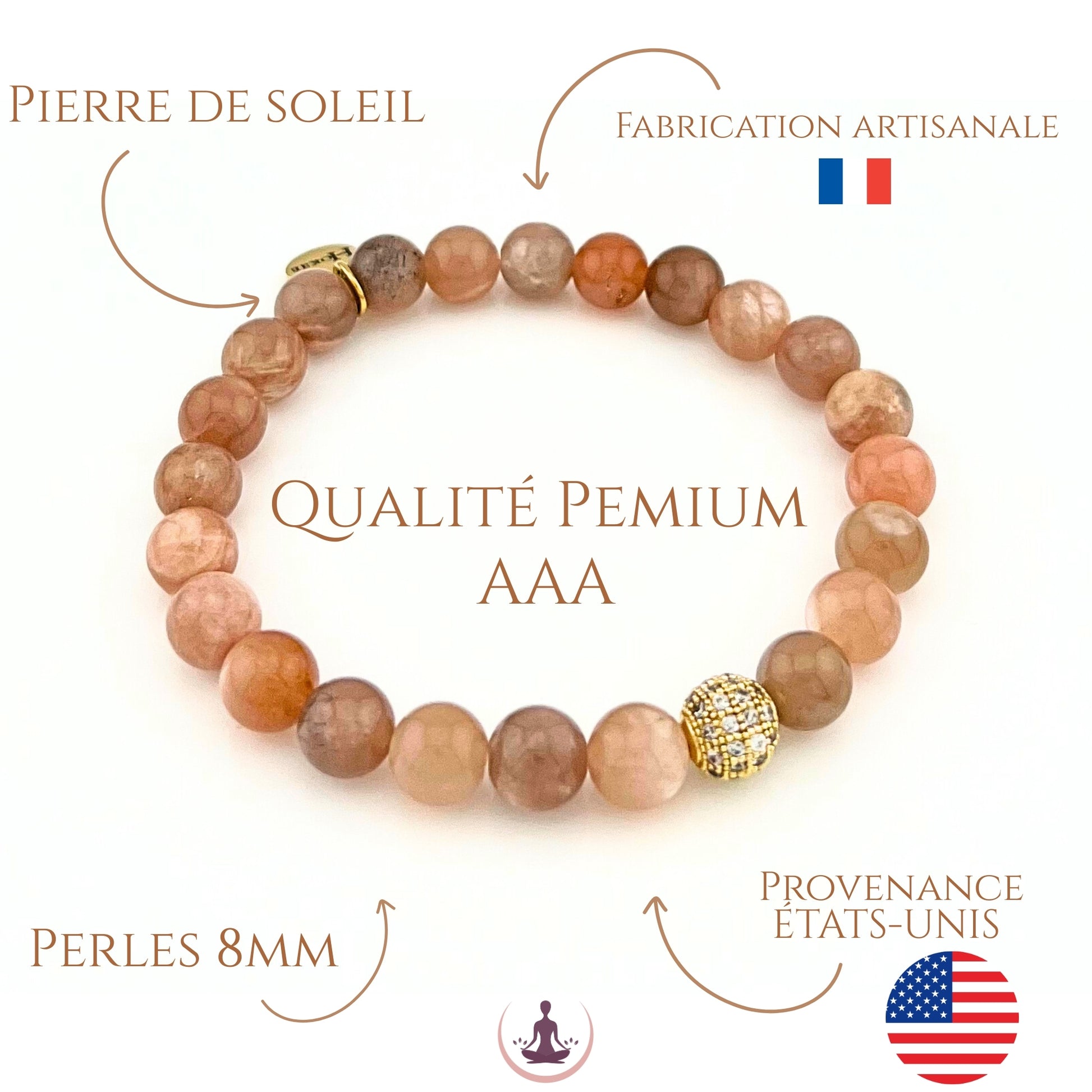 Bracelet en pierre de soleil naturelle 8 mm qualité AAA fabrication artisanale Hokee Minéraux