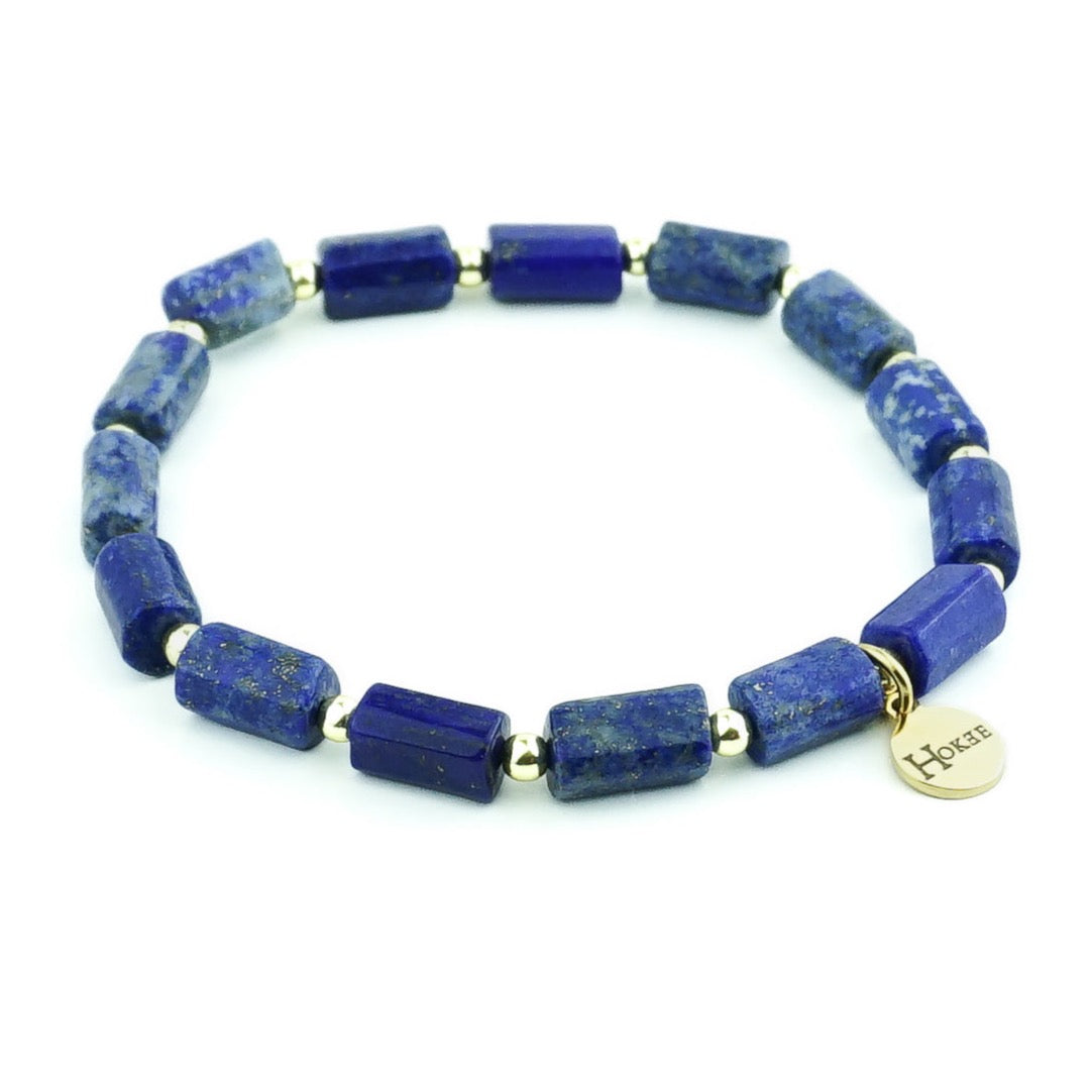 Bracelet SUMER en lapis-lazuli naturel avec perles tubes et finition dorée