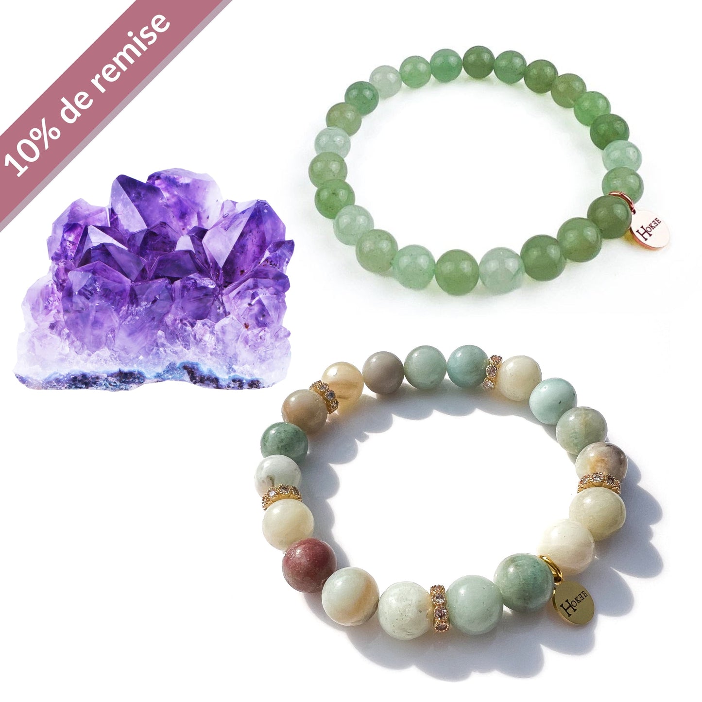 Kit Bien-être et Sérénité Rose Gold – Améthyste, Aventurine Verte & Amazonite Hokee Minéraux