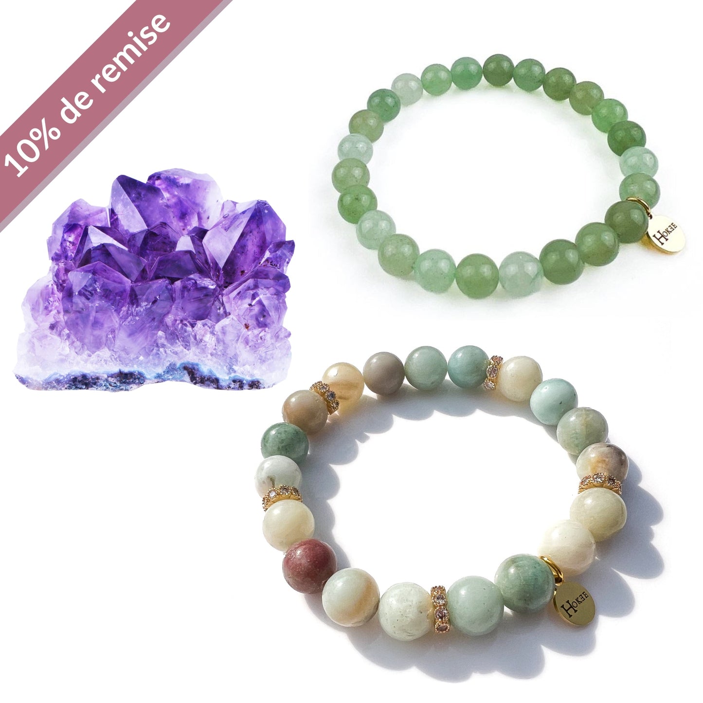 Kit Bien-être et Sérénité Gold – Améthyste, Aventurine Verte & Amazonite Hokee Minéraux