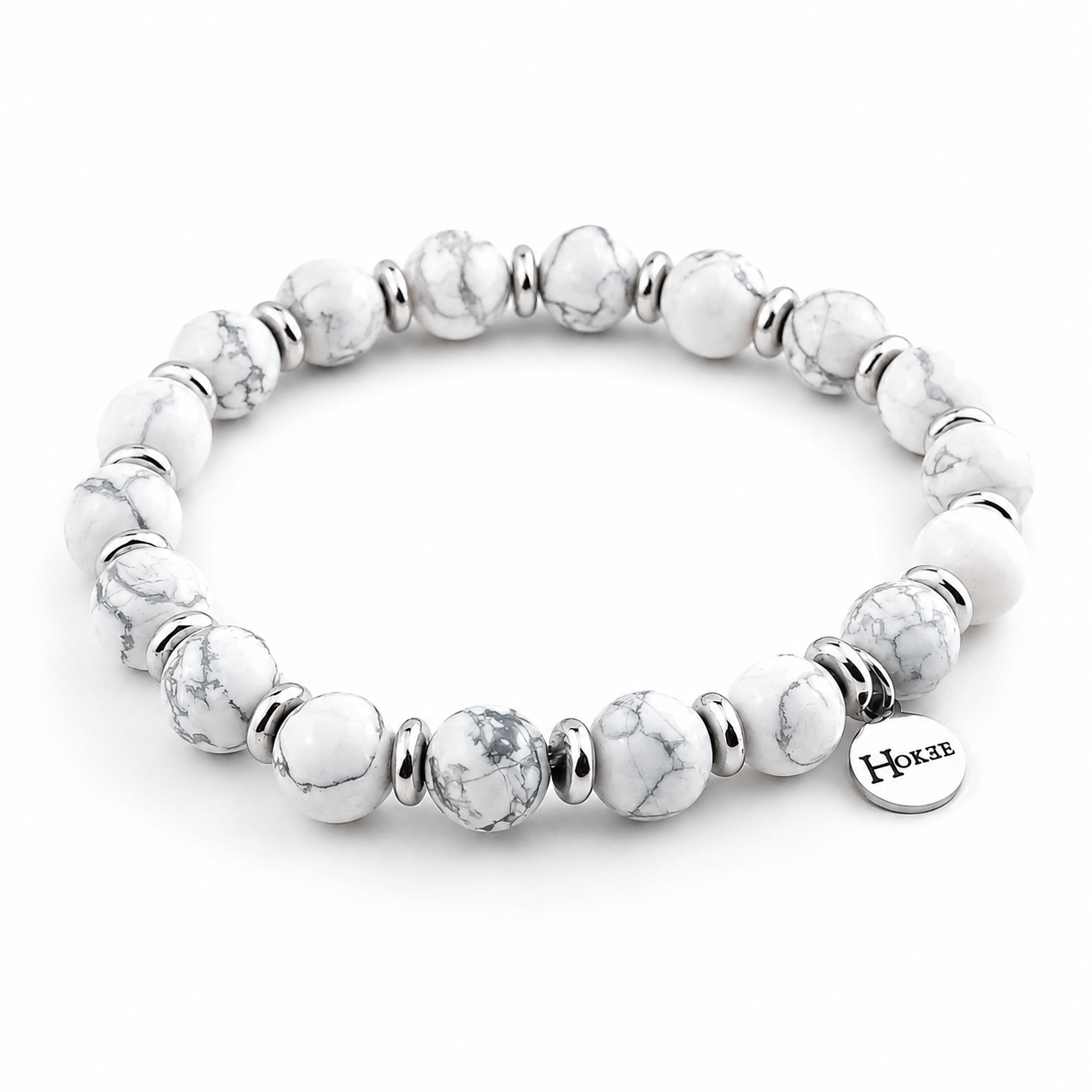 Bracelet LÉONDINE en howlite naturelle 8 mm finition silver sur fond clair