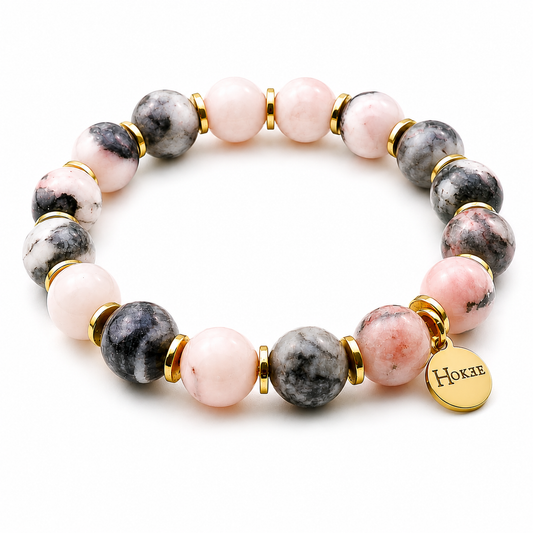 Bracelet ZOÉ en jaspe rose zébré 10 mm finition gold HOKEE
